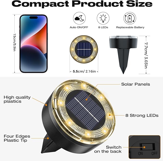 Mini Solar Ground Lights, 4 Pack Solar Lights Outdoor Waterproof, Upgraded LED Flat Landscape Lighting for Outside Pathway Garden Patio Yard Driveway, Warm White