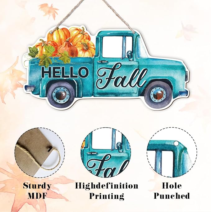Fall Door Hanger - Pumpkin Welcome Sign, Hello Fall Wood Hanging Decors, Rustic Thanksgiving Decorative for Porch, Indoor Outdoor Autumn Door Decor(Truck), Housewarming Gift, Home Indoor Outdoor Deco