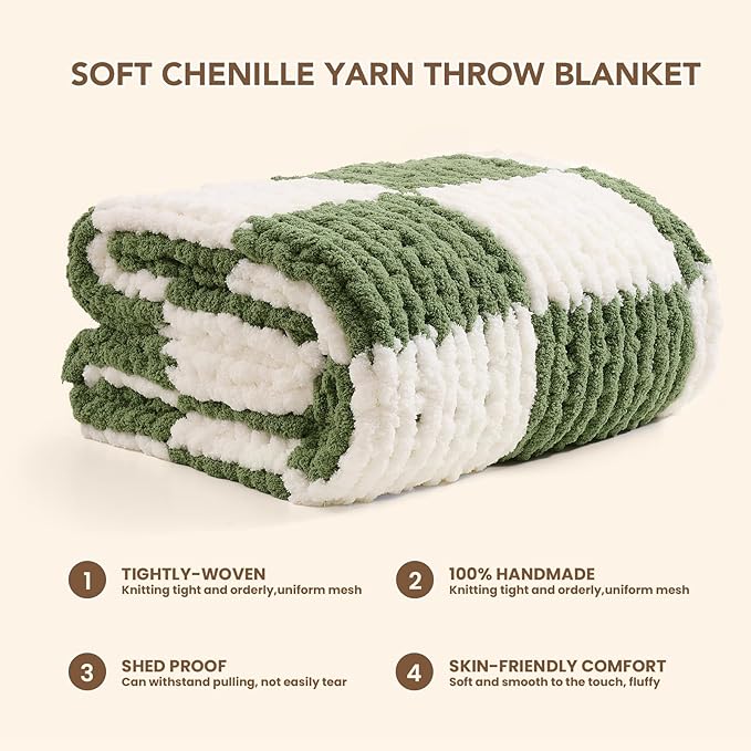 L'AGRATY Chunky Knit Blanket Throw: 50''x60'' Chenille Chunky Knitted Throw Blankets for Bed Couch - Handmade Thick Cable Knit Blanket - Large Crochet Rope Blankets for Home Decor(Green Checkered)