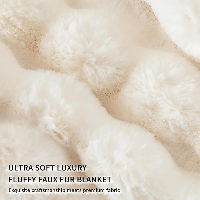 Cozy Faux Fur Throw Blanket for Bed-Warm Fuzzy Throw Blanket, Soft Plush Thick Bubble Blankets for Bedroom and Living Room, Furry Luxury Blanket, 60 x 80, Cream