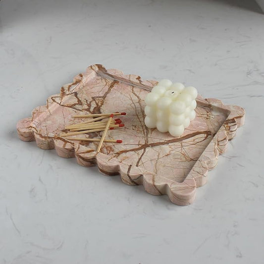 Natural Luxury Scalloped Marble Tray 10.8"x8", Rectangle Vanity Tray for Bathroom Kitchen Counter, Decorative Tray for Dresser Home Decor (Pink Marble)