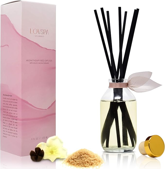 LOVSPA Reed Diffuser Set, Warm Vanilla Sugar Scented Oil Diffuser with Sticks, Home Fragrance Accessories for Bathroom Shelf Decor, Aroma Diffusers for Home or Office Fall Decor, USA Made