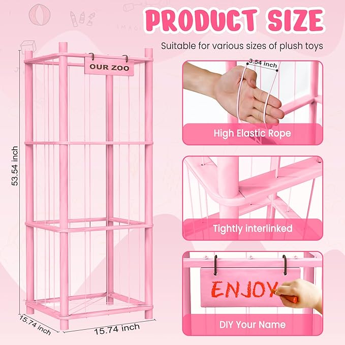 Stuffed Animal Storage & Organizer, Wooden Cute Zoo Toy Holder for Toddler Rooms, Playrooms & Bedrooms(Pink)
