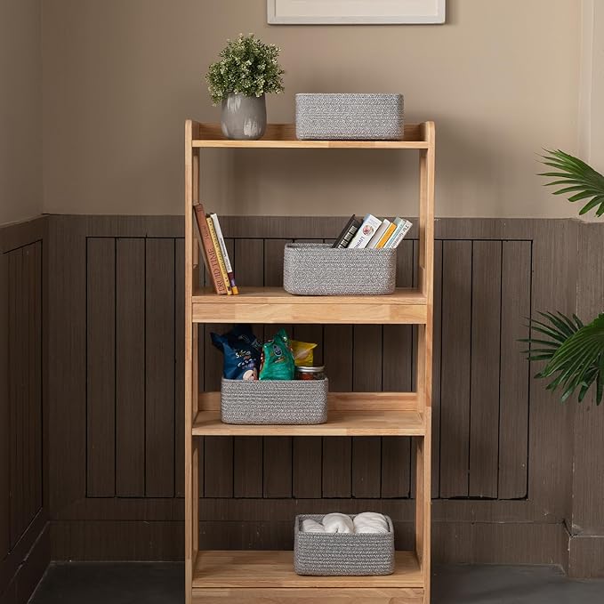 4 Pack Small Storage Shelf Baskets for Organizing, Mini Woven Rope Storage Bins for Towels, Cute Decorative Closet Organizer,Baby Nursery, Gift Empty Baskets -11.81''Lx7.87''Wx4.72''H-Grey