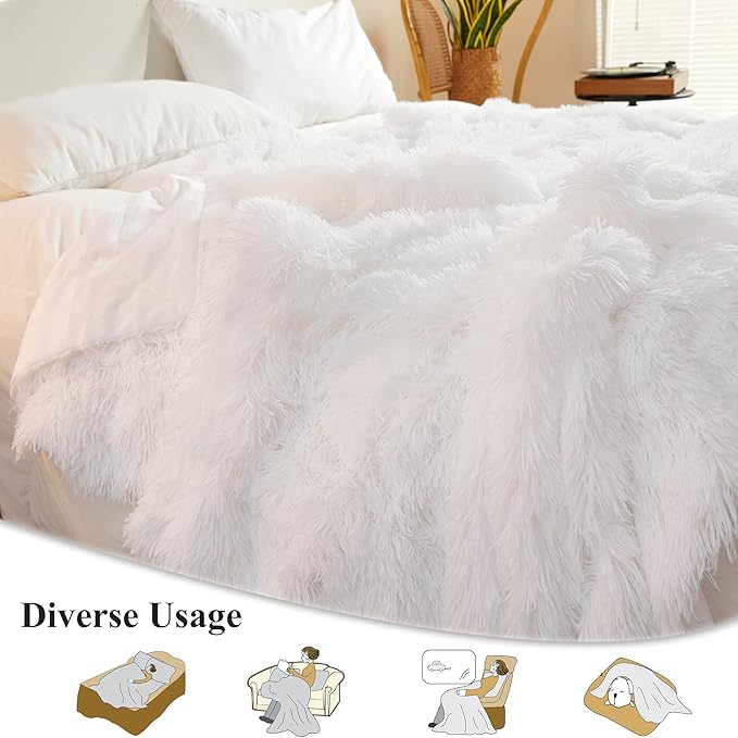 XeGe Luxury Faux Fur Throw Blanket, White Soft 50x60 Fluffy Blanket Throw, Shaggy Plush Decorative Couch Blanket, Cute Furry Throw Holidy Fuzzy Lap Blanket for Kids Women Men Teen Girls White