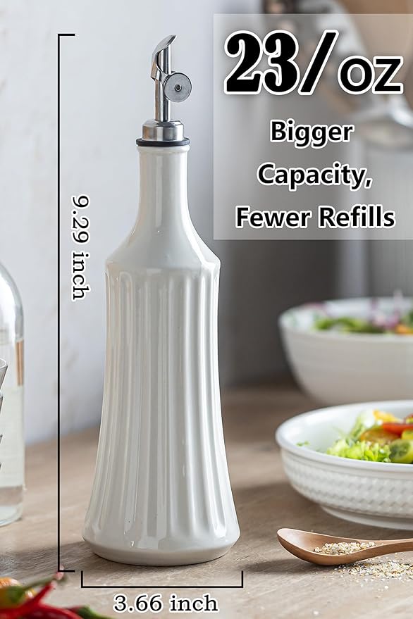LYEOBOH Olive Oil Dispenser Bottle, Oil Dispenser for Kitchen, Ceramic Cooking Vinegar Dispensing Bottles with Spout, White