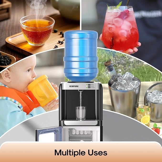 ICEPURE 3-in-1 Water Dispenser with Ice Maker, Water Cooler Dispenser for 5 Gallon Bottle Built-in Bullet Ice Maker Top Loading, Hot and Cold Water Dispenser for Home/Office, 33lbs/24H, Child Lock