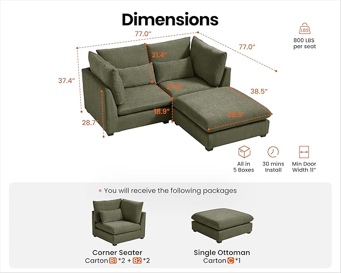 Oversized Modular Sofa, Extra Deep Cloud Corduroy Sectional Couch with Ottoman Chaise, Fluffy Chenille L-Shaped Sofas for Living Room, Villa (Loveseat+Ottoman, Chenille Green)