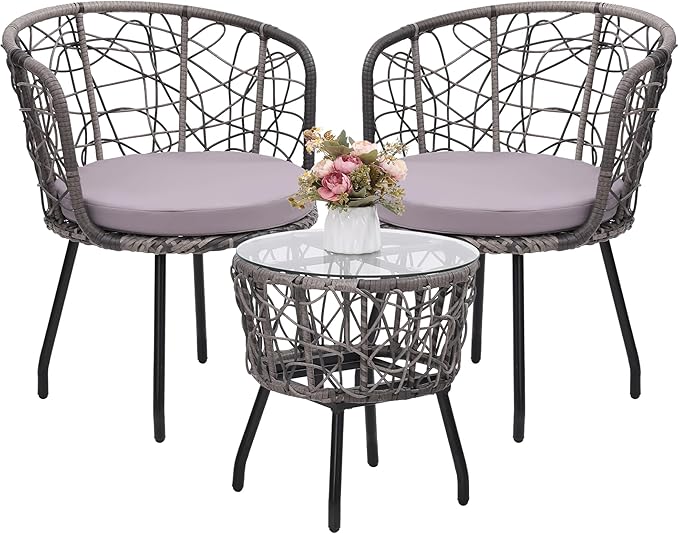 Kromax 3 Piece Bistro Set, Modern Outdoor Wicker Patio Furniture with Tempered Glass Table Top and 2 Chairs, Washable Cushions, Grey Rattan and Grey Cushion
