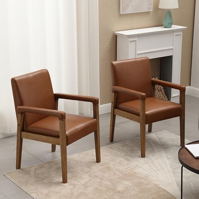 Kmax Modern Dining Chairs Set of 4 Faux Leather Kitchen Arm Chairs Upholstered Accent Chairs with Wooden Legs for Dining Room, Living Room, Bedroom, Brown