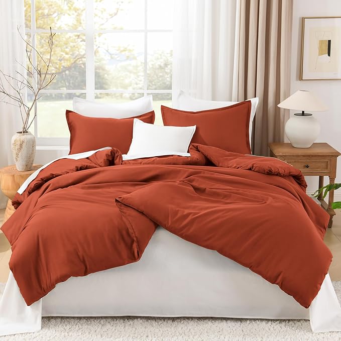 Litanika Comforters Burnt Orange Oversized King Size, 3 Pieces Lightweight Solid Bedding Comforter Set, All Season Fluffy Bed Set (120x98In Comforter & 2 Pillowcases)