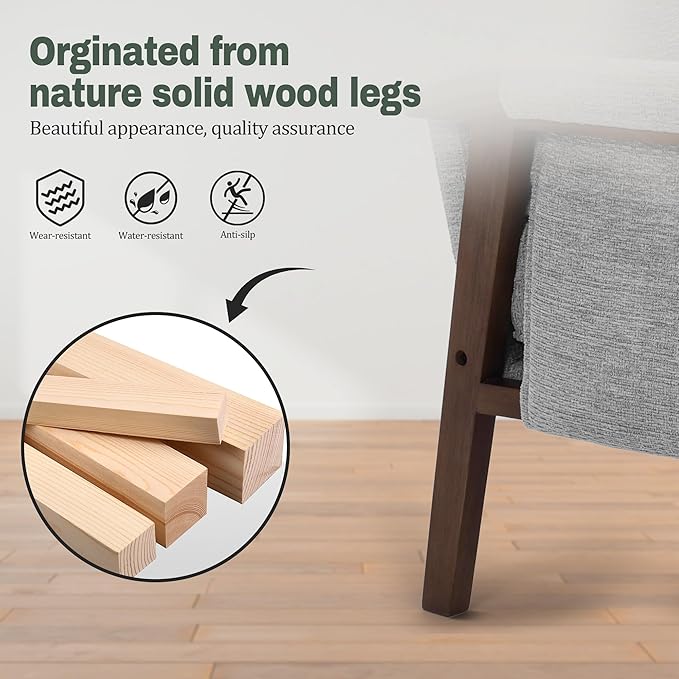 Modern Accent Chair for Living Room Mid Century Arm Chair Upholstered Bedroom Chair Comfy Lounge Chair with Solid Wood Frame, Grey