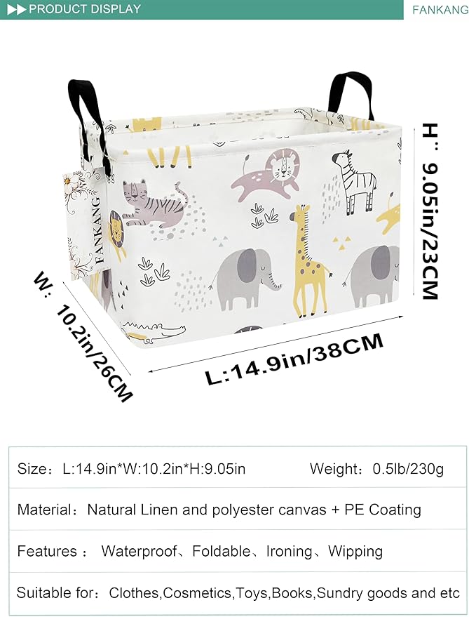 FANKANG Storage Bins, Nursery Hamper Canvas Laundry Basket Foldable with Waterproof PE Coating Large Storage Baskets for Kids Boys and Girls, Office, Bedroom, Clothes,Toys(Rec-Lovely Animals )