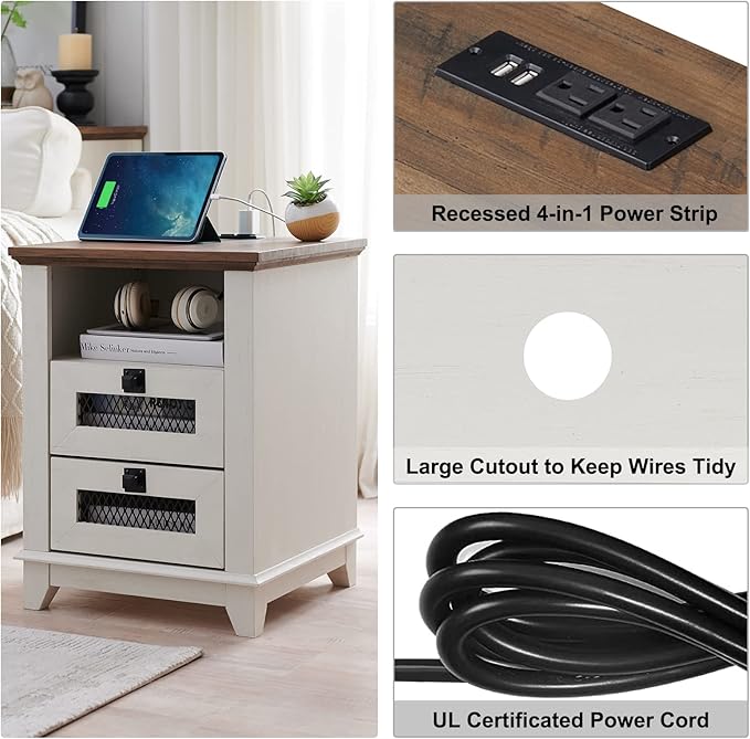 Nightstand with Charging Station,OKD 18'' Industrial & Farmhouse Square End Table w/ 2 Drawers & Open Cubby, Rustic Mesh Drawer Sofa Side Table w/Storage for Bedroom, Living Room Office, Antique White