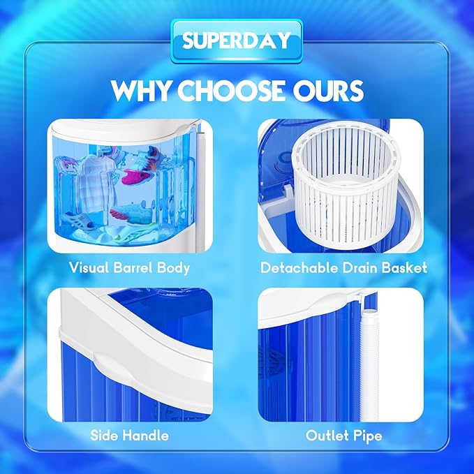 Superday Mini Portable Washing Machine, Single Tub Compact Washing Machine with Spin Cycle, 6.6LBS Washing Capacity Small Electric Washer Machine for Home, Apartments, Outdoor, RV, Dormitory, Blue