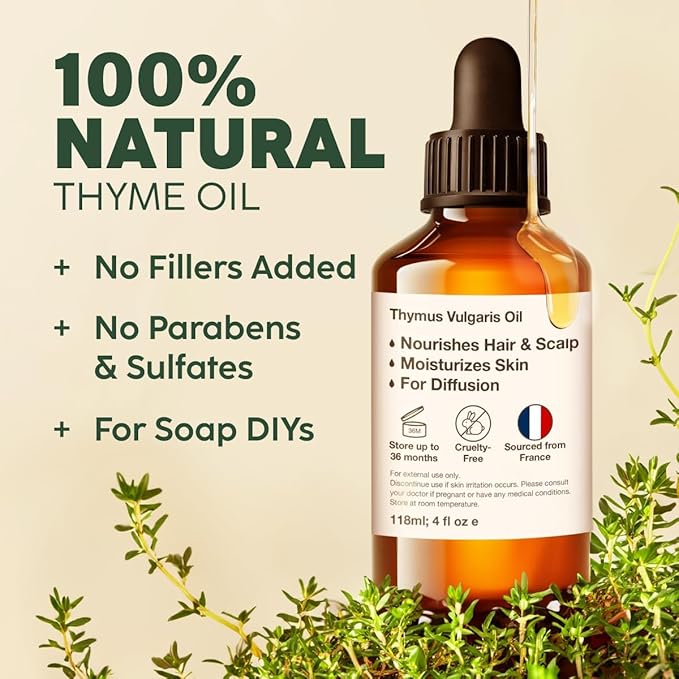 Kukka Thyme Essential Oil for Hair, Skin & Diffuser - 4 Fl Oz - 100% Pure Natural Thyme Oil, Herbaceous Scent, for Aromatherapy & Making Scent DIY