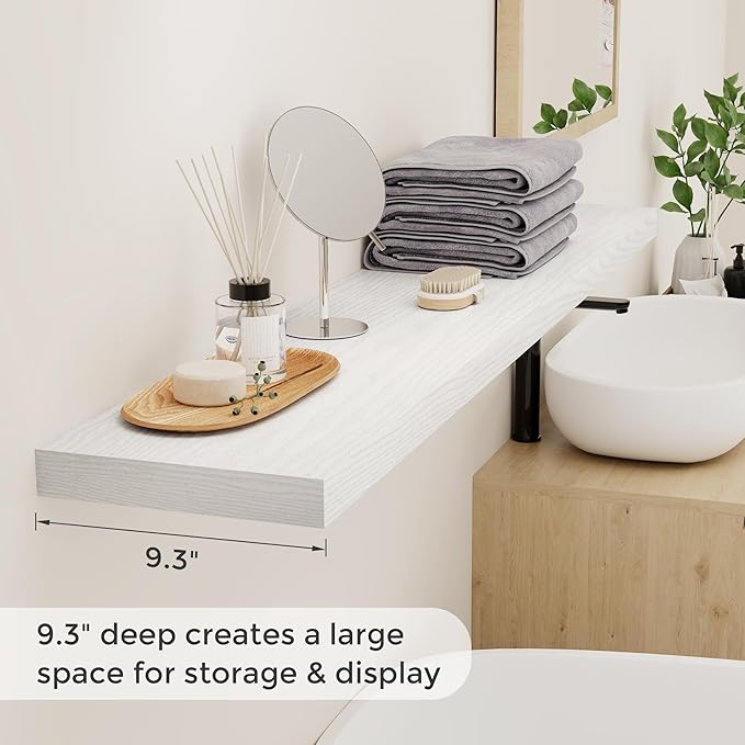 Fun Memories Floating Shelves 55 Inch Set of 2, White 55 x 9 Wall Shelves for Home Decor Storage, Rustic Wood Floating Shelf for Wall, 9 Inch Deep Shelving for Bathroom, Living Room, Kitchen