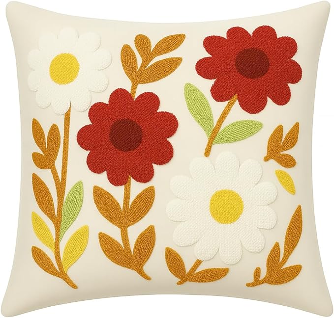 Throw Pillow Cover with Sunflower Embroidery – 18x18 inch Handmade Punch Needle Cushion – 100% Cotton Decorative Pillow for Couch, Bed or Living Room – Boho Floral Home Decor