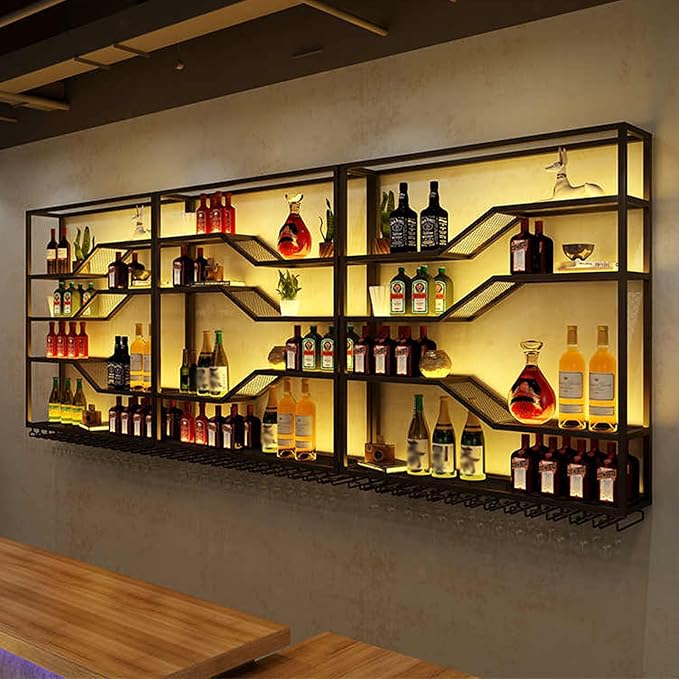 94.4in Wall Mounted Wine Rack with LED Light, 5-Tiers Liquor Bottles Display Shelf with Glasses Holder, Metal Home Bar Shelves with Industrial Iron Frame for Kitchen (Black, 94.4in/7.87ft)