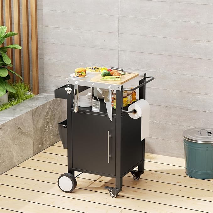 KEIKI Outdoor Grill Cart with Storage and Wheels, Rolling BBQ Prep Table with Spice Rack, Hooks, and Side Handles, Black Metal Bar Cart for Patio Kitchen and Grilling Accessories