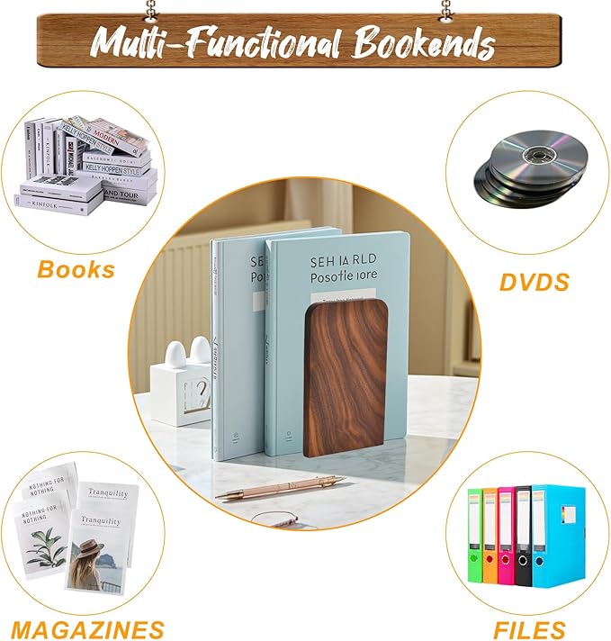 Book Ends, Black Walnut Wooden Bookends for Shelves - Heavy Duty Non-Slip Book Organizers, Upgraded Decorative Bookend Holders for Home, Kitchen, Office, Set of 2, Small