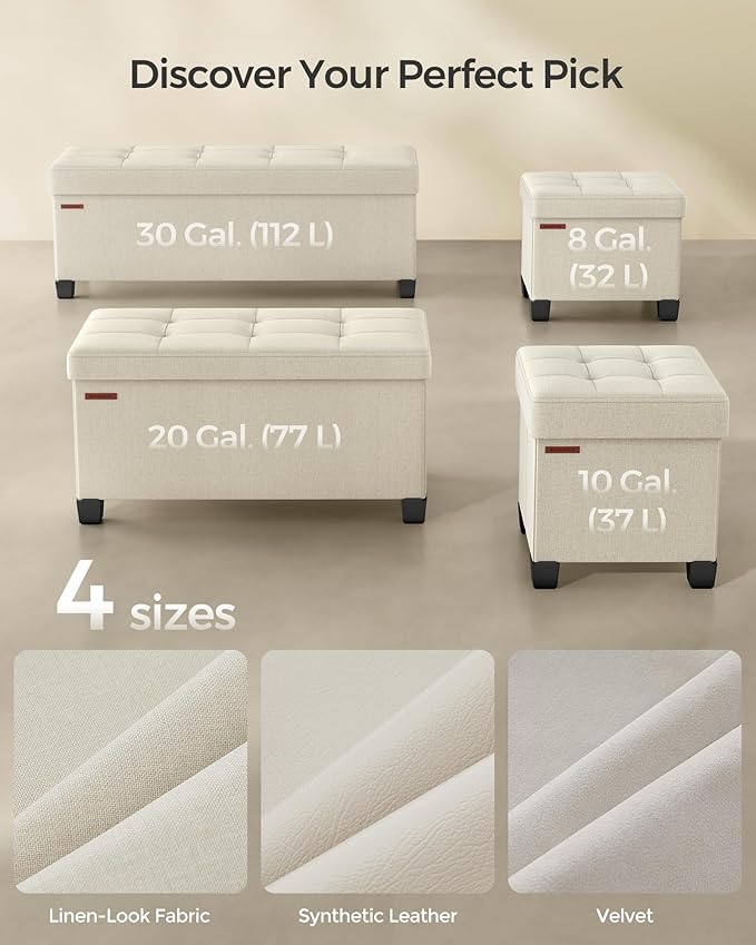 SONGMICS Storage Ottoman Bench, Foldable Foot Rest with Legs, 15 x 43 x 15.7 Inches, End of Bed Bench, Storage Chest, Load up to 660 lb, for Living Room, Bedroom, Entryway, Cream White ULSF018W01