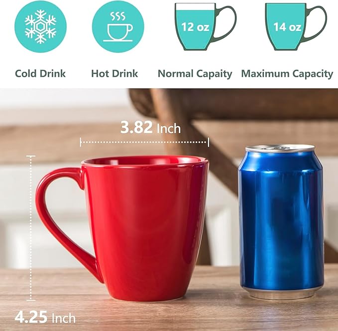 vicrays Coffee Mug Set, 12 Ounce, Ceramic Mug for Men, Women, Unique Glazed Mugs with Handle for Coffee, Tea, Milk, Cocoa, Cereal - Set of 6 Red