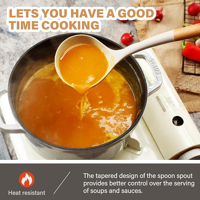 QMVESS Silicone Cooking Utensils Set, Kitchen Utensils Set 7 Pcs with Long Wooden Handle, Food Grade and Heat Resistant Large Silicone Spatula Set for Nonstick Cookware, BPA Free(Khaki)