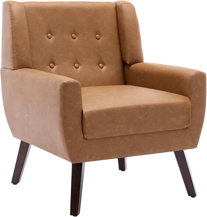 UIXE Faux Leather Accent Chairs Set of 4, Modern Arm Club Chair Upholstered Armchair for Living Room, Comfy Single Sofa Seats Button Tufted Reading Seating, Brown
