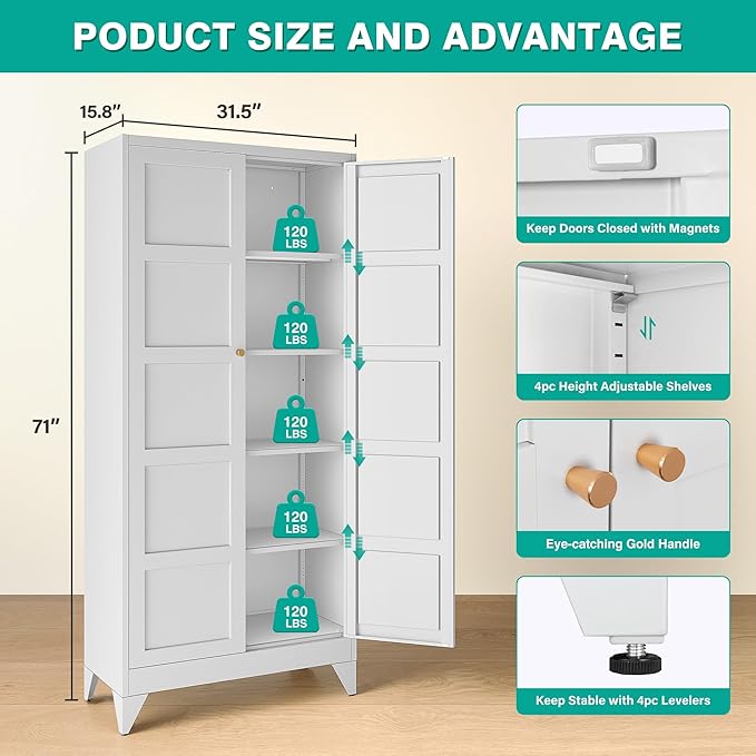 Metal Storages Cabinet with 2 Doors and 5 Shelves,Tall Storage Cabinet,Large Cupboard Closet,Pantry Storage Cabinet for Home,Office,Bathroom,Dining/Living Room (White, 71" H)