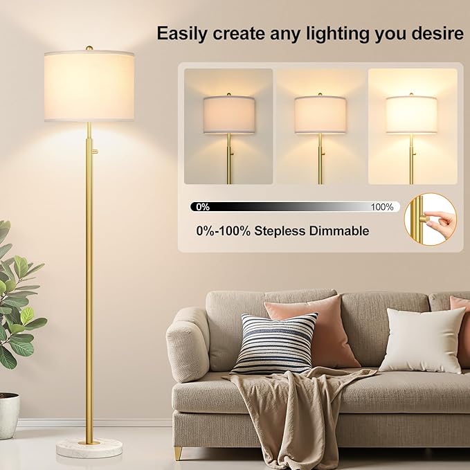 【Upgraded】Dimmable Gold Floor Lamps for Living Room, 11W LED Bulb Included, Modern Standing Lamp with Marble Base, Tall Pole Light with White Linen Shade for Bedroom Reading Office Corner Nursery