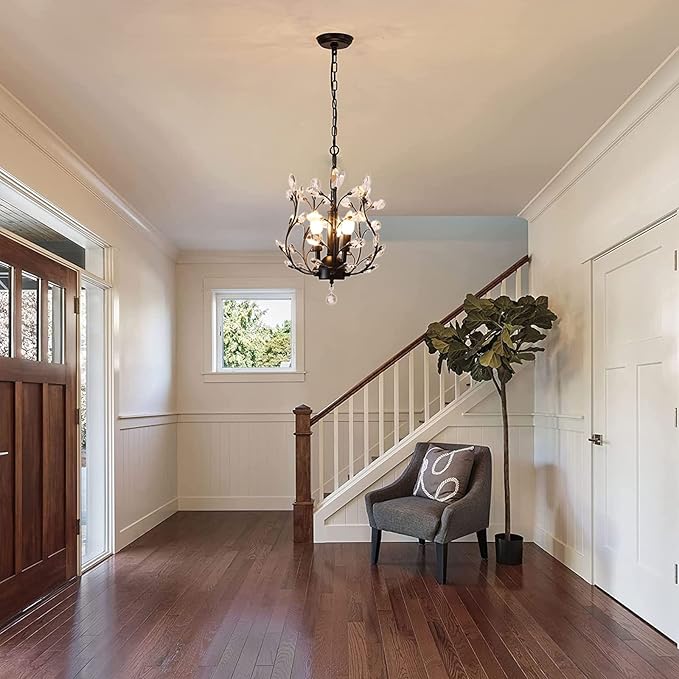 Ganeed Vintage K9 Clear Crystal Chandeliers,Ceiling Lighting,Pendant Lighting Flush Mounted Fixture with 3 Light for Living Room Dinning Room Restaurant Porch Hallway (Black)