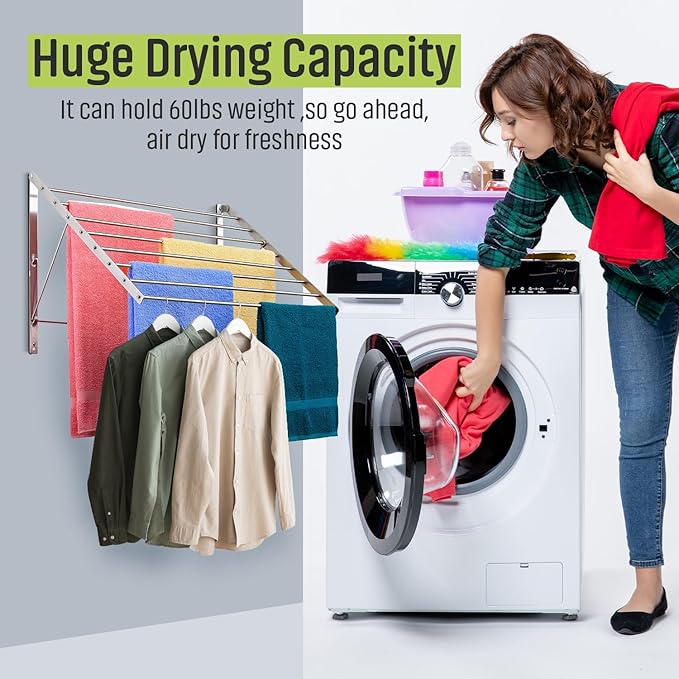 Smartsome | Wall Mounted | Clothes Drying Rack | 30" Wide | 20 Linear Feet Capacity | 8 Smooth Round Stainless Steel Rods | 60 lb Capacity | Fully Assembled | Compact Sturdy Space-Saving Design