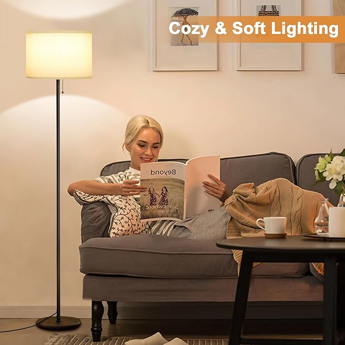 Ambimall Floor Lamps for Living Room with 3 Color Temperatures Bulb & Pull Chain Switch, 60" Modern Standing Floor Lamp for Bedroom Kids Room Study Room(Dark Beige Shade & Black Pole)