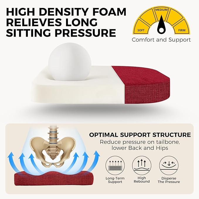 downluxe Indoor Chair Cushions for Dining Chairs, Soft and Comfortable Textured Foam Kitchen Chair Pads with Ties and Non-Slip Backing, 16" x 16" x 2", Red, 4 Pack