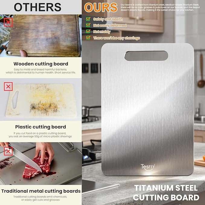 Titanium Cutting Board -100% Pure Titanium Cutting Boards For Kitche,Easy to clean, Double-sided food-grade Cutting Board For Meats, Fruits And Vegetables (15 * 11)
