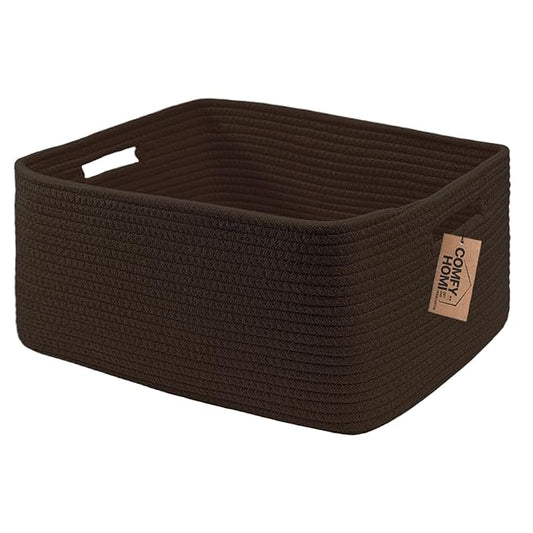 COMFY-HOMI Cotton Rope Woven Basket with Handles for Shelves,Toys,Book, Cloth Storage Baskets for Organizing-17" x 13" x 7.5" Toy Decorative Organizer for Living Room, Bathroom (dark brown)