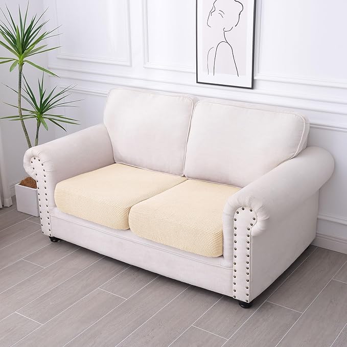 hyha Waterproof Couch Cushion Covers for Pets, Non Slip Sofa Seat Cover for Dogs Washable, Soft Thick Stretch Jacquard Fabric, Sofa Slipcovers with Elastic Bottom (2 Pieces, Beige)