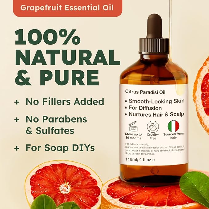 Kukka Grapefruit Essential Oil for Skin - 4 Fl Oz - 100% Natural Aromatherapy Grapefruit Oil for Diffuser & Hair - Soap Making Scent & DIY