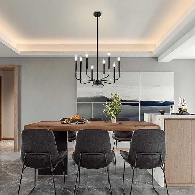 Modern Black Farmhouse Chandeliers, 8-Light Industrial Metal Chandelier Lighting, Classic Candle Hanging Pendant Light Fixtures for Kitchen Bedroom, Dining Room, Living Room,Foyer