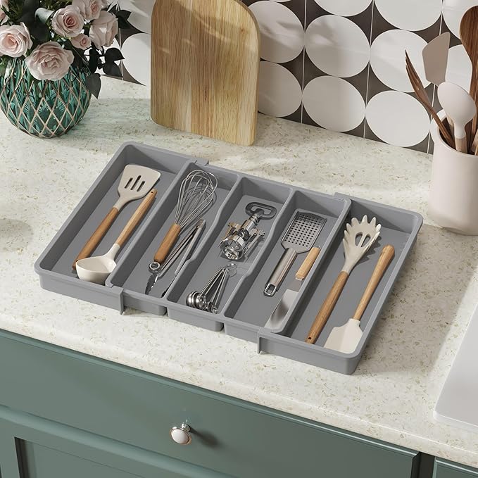 Lifewit Utensil Organizer for Kitchen Drawers, Expandable Cooking Utensil Tray, Adjustable Cutlery Silverware Flatware Holder, Plastic Kitchen Spatula Tools and Gadgets Storage Divider, Large, Gray