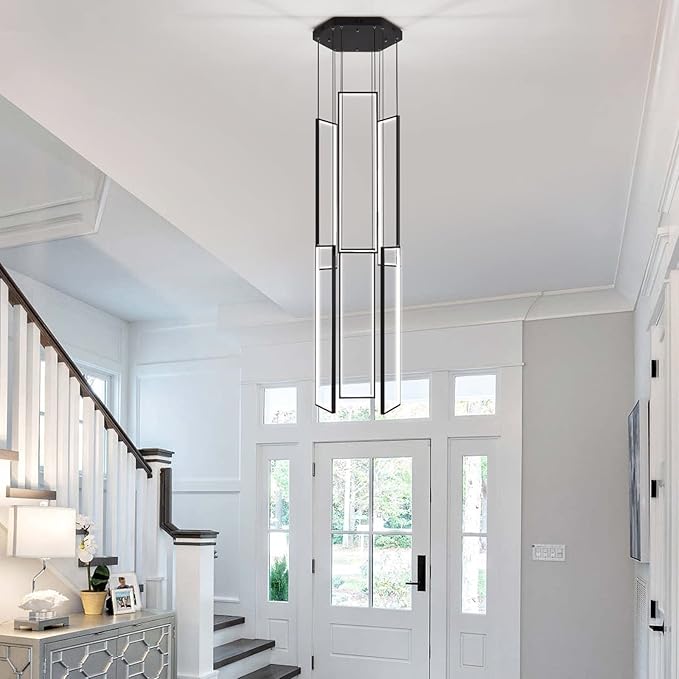 Modern Led Chandelier - Adjustable Black Lighting Fixture for High Ceiling, Suitable for Living Room, Staircase, Villa