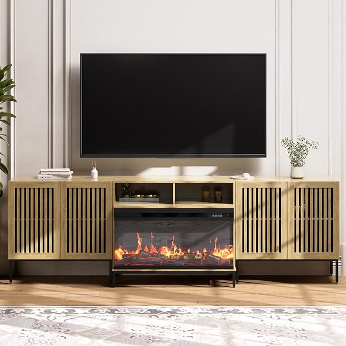 3-Sided Glass Farmhouse Fireplace TV Stand for TVs Up to 100 Inch, Entertainment Center with 36" Electric Fireplace, Oak TV Console with Storage Cabinets for Living Room