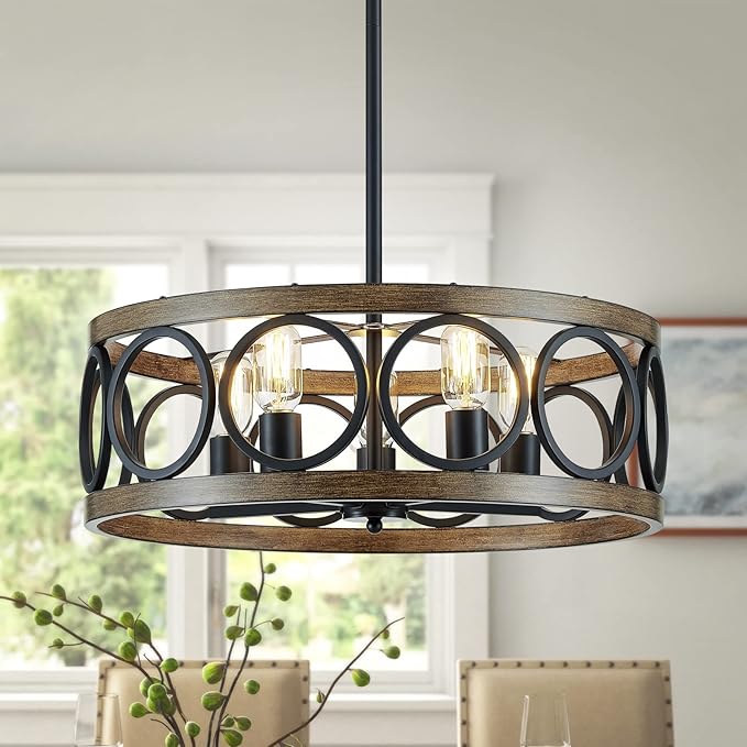 XINGQI 21.7'' Modern Chandelier, Farmhouse Drum Chandeliers for Dining Room Living Room Bedroom 5-Light Pendant Lighting Round Black Metal Antique Wood Grain Finish Adjustable