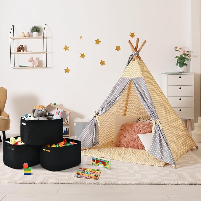 Storage Basket,Woven Baskets for Storage,Cotton Rope Baskets for Organizing,decorative Baskets for Shelves,book Basket,towel Basket,Toy Basket or Storage Bins for Living Room - 3 Pack,Black