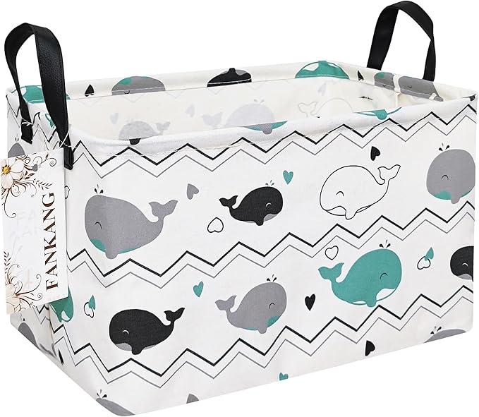 FANKANG Storage Bins, Nursery Hamper Canvas Laundry Basket Foldable with Waterproof PE Coating Large Storage Baskets for Kids Boys and Girls, Office, Bedroom, Clothes,Toys(Rec-whales )