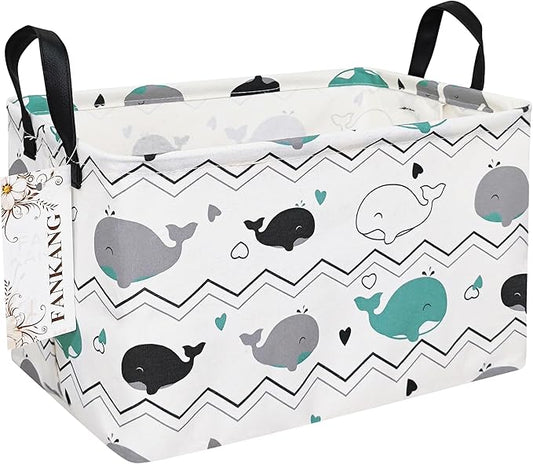 FANKANG Storage Bins, Nursery Hamper Canvas Laundry Basket Foldable with Waterproof PE Coating Large Storage Baskets for Kids Boys and Girls, Office, Bedroom, Clothes,Toys(Rec-whales )