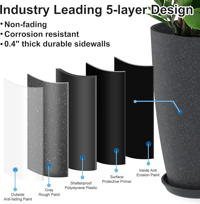 Tall Flower Pot Indoor - Outdoor Plant Pot - Black Glossy Planter - Elegant Stone Imitation - 12" Diameter 21" Tall with Drainage Holes and Saucer