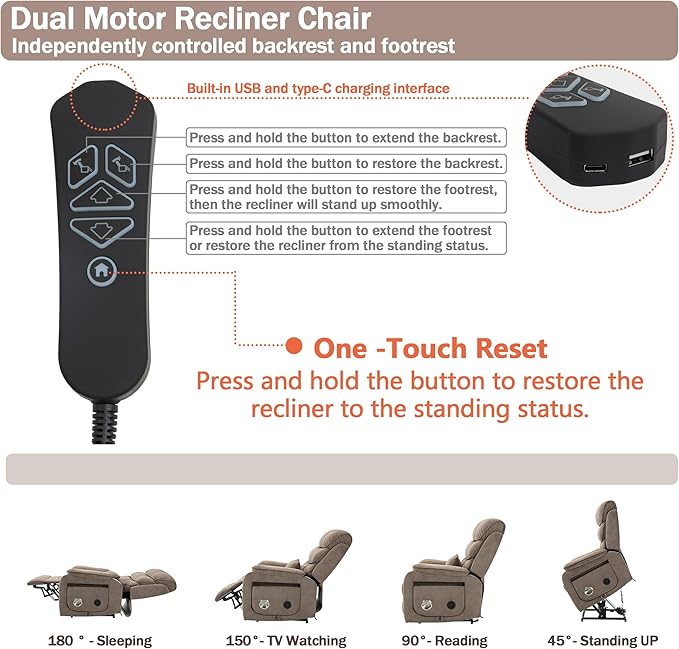 Power Lift Recliner Chair for Adults Elderly Lay Flat Velvet Recliners with Massage Heating, Extended Footrest, Wireless Charging Device, USB Ports, Cup Holder, Lumbar Pillow