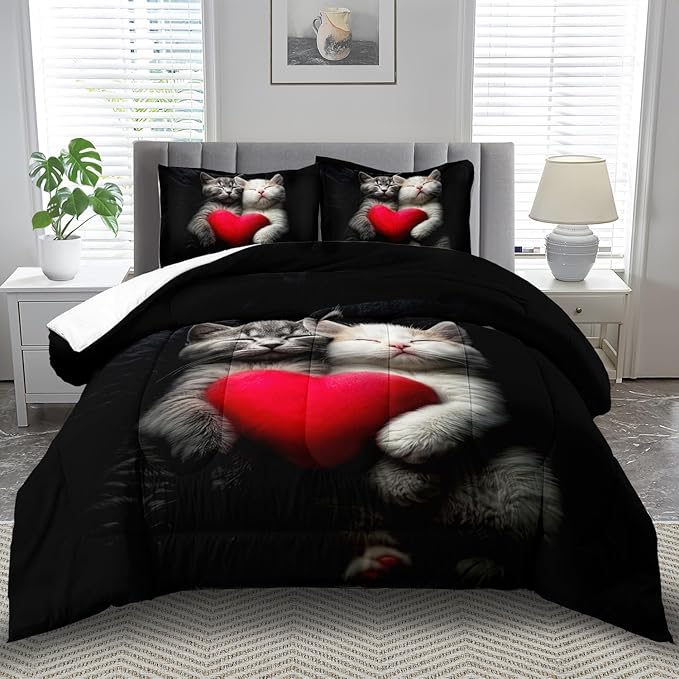 Cute Cat Comforter Set Twin,Kawaii Cat Bedding Set for Girls,Cute Animal Comforter Red Love Heart Bedding Decor,Kawaii Farm Animal Quilt Patterns Kids and Adults